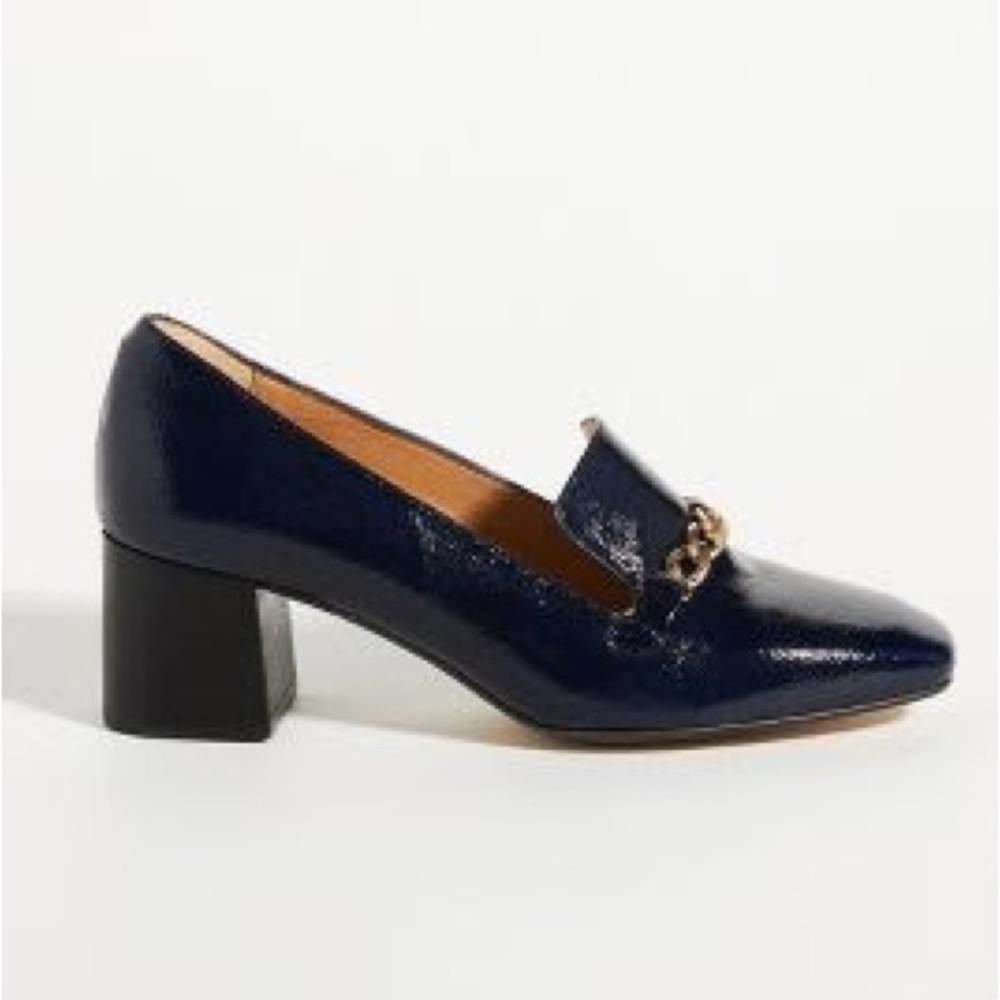Anthropologie Susie patent leather heeled loafers navy size 40 US 9.5